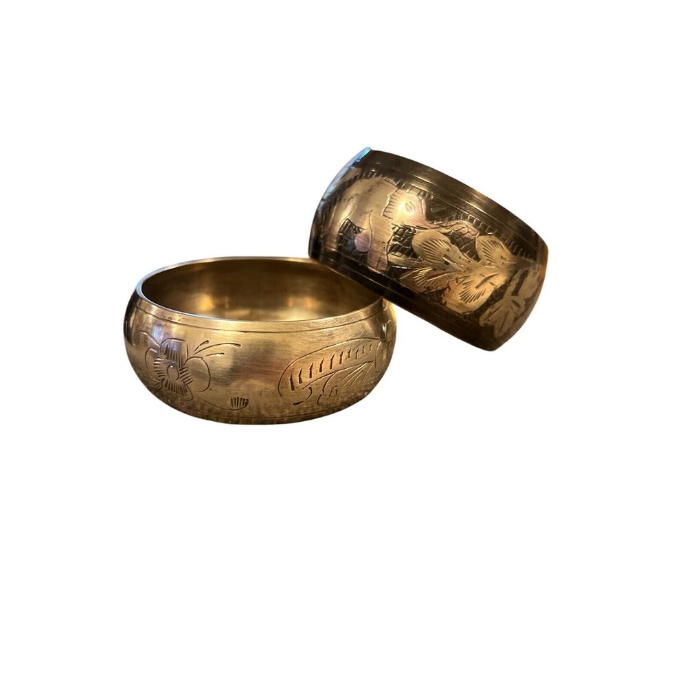 Lot of 2 Vtg Brass Bangle Etched Flowersโ & Elephants Bracelets Made In India